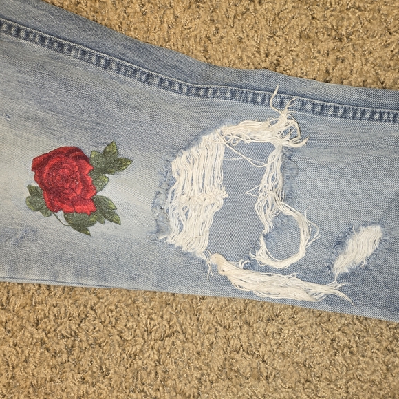 Women's Pacsun Distressed Jeans with Red Rose Embroidery - Picture 5 of 6